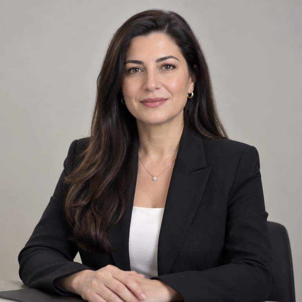 Portrait of a woman with long hair in a professional setting