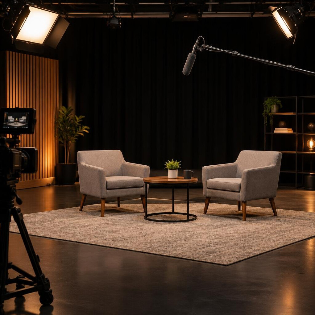 Professional broadcast studio with microphone and soft lighting