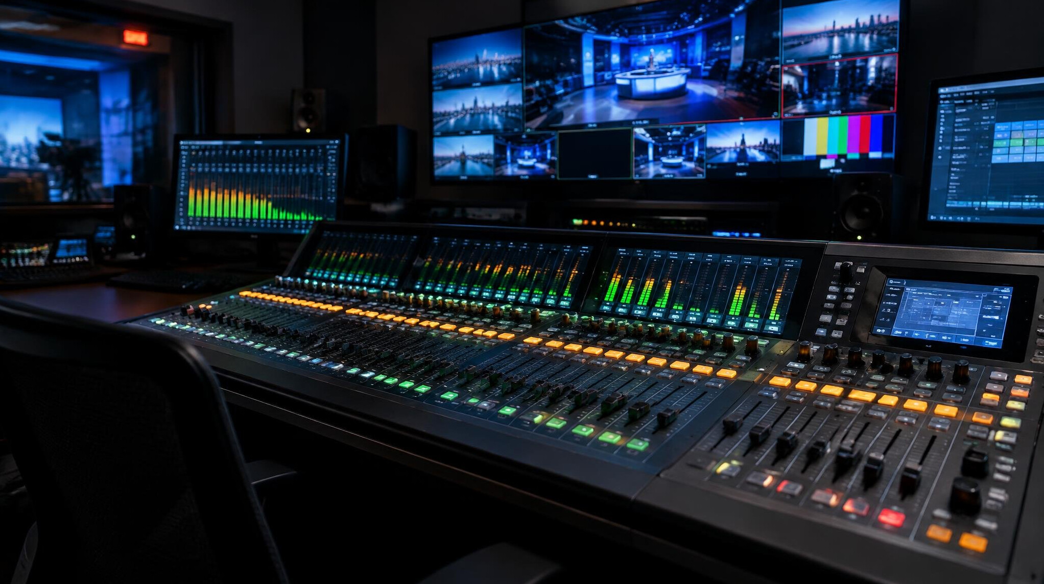 Broadcast control room audio mixing console with sliders