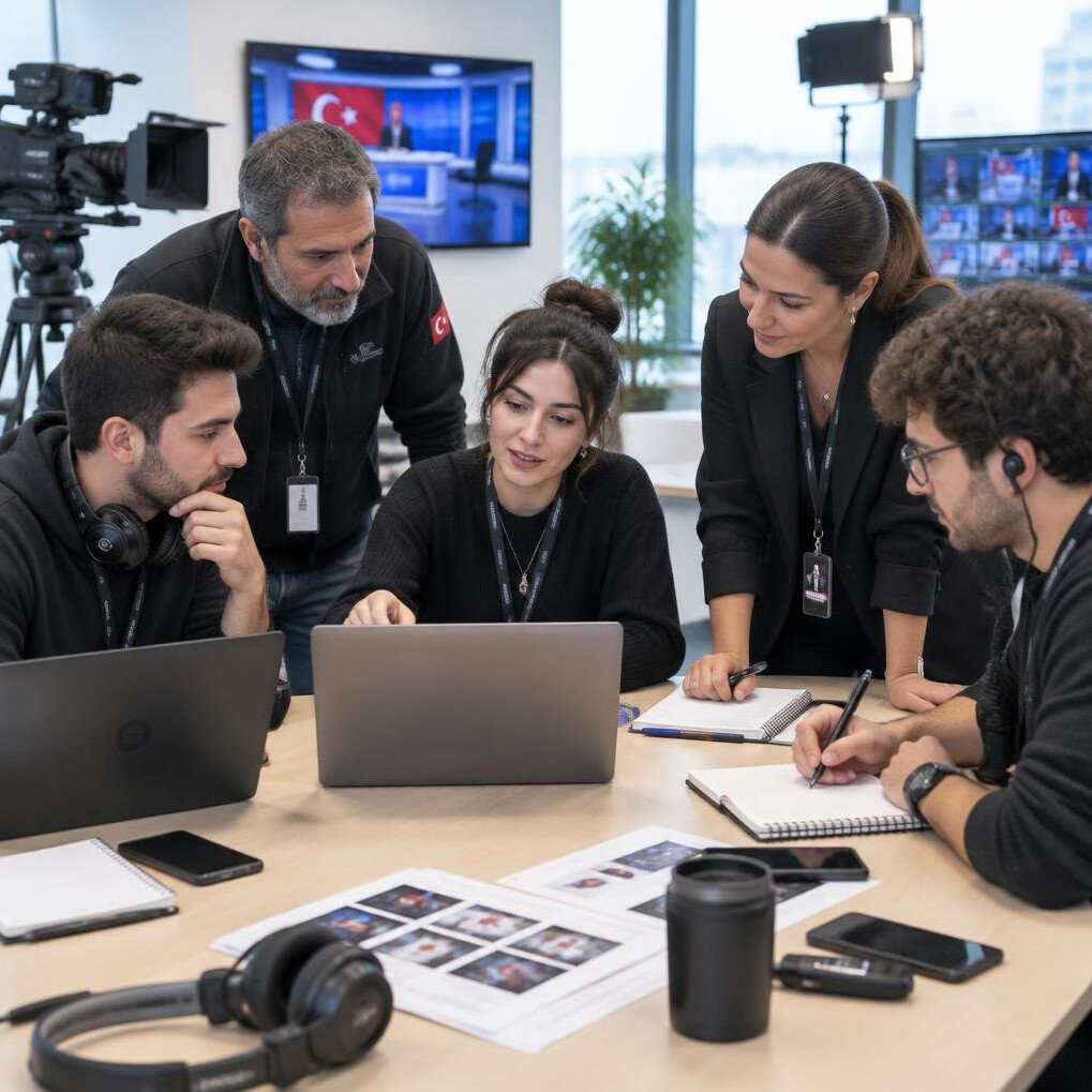 Studio crew collaborating at a table with laptops