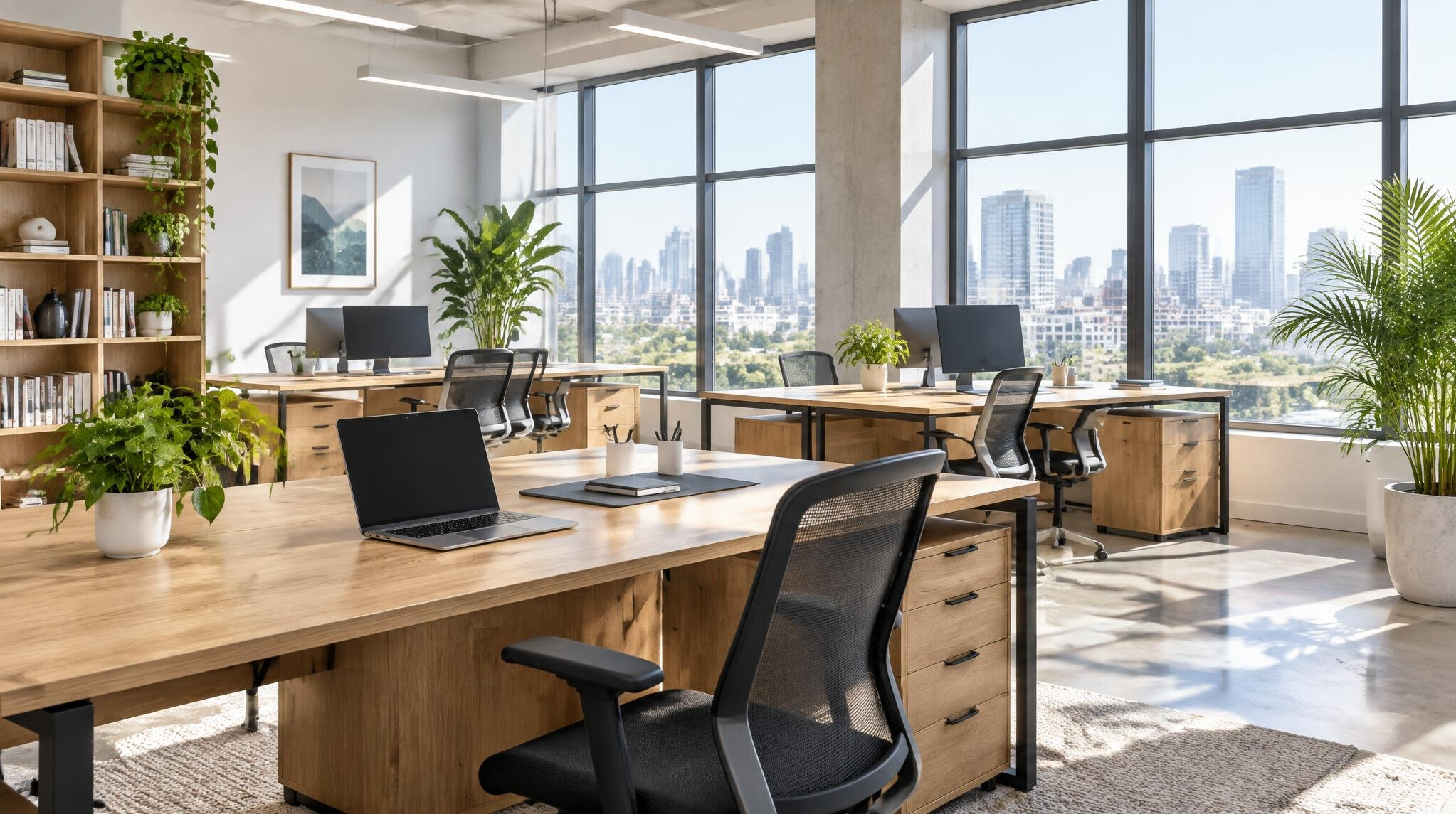 Bright modern office interior with desks and large windows