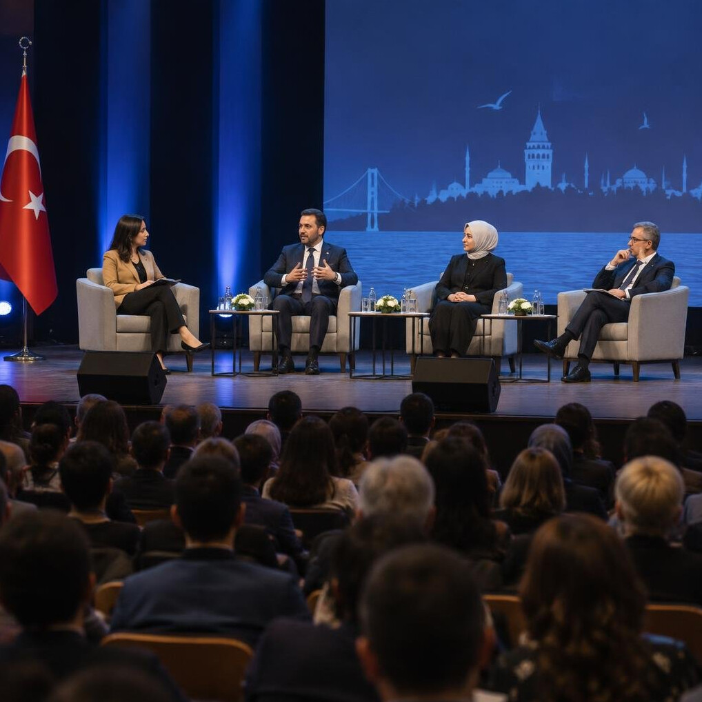 Audience and speakers at a conference stage