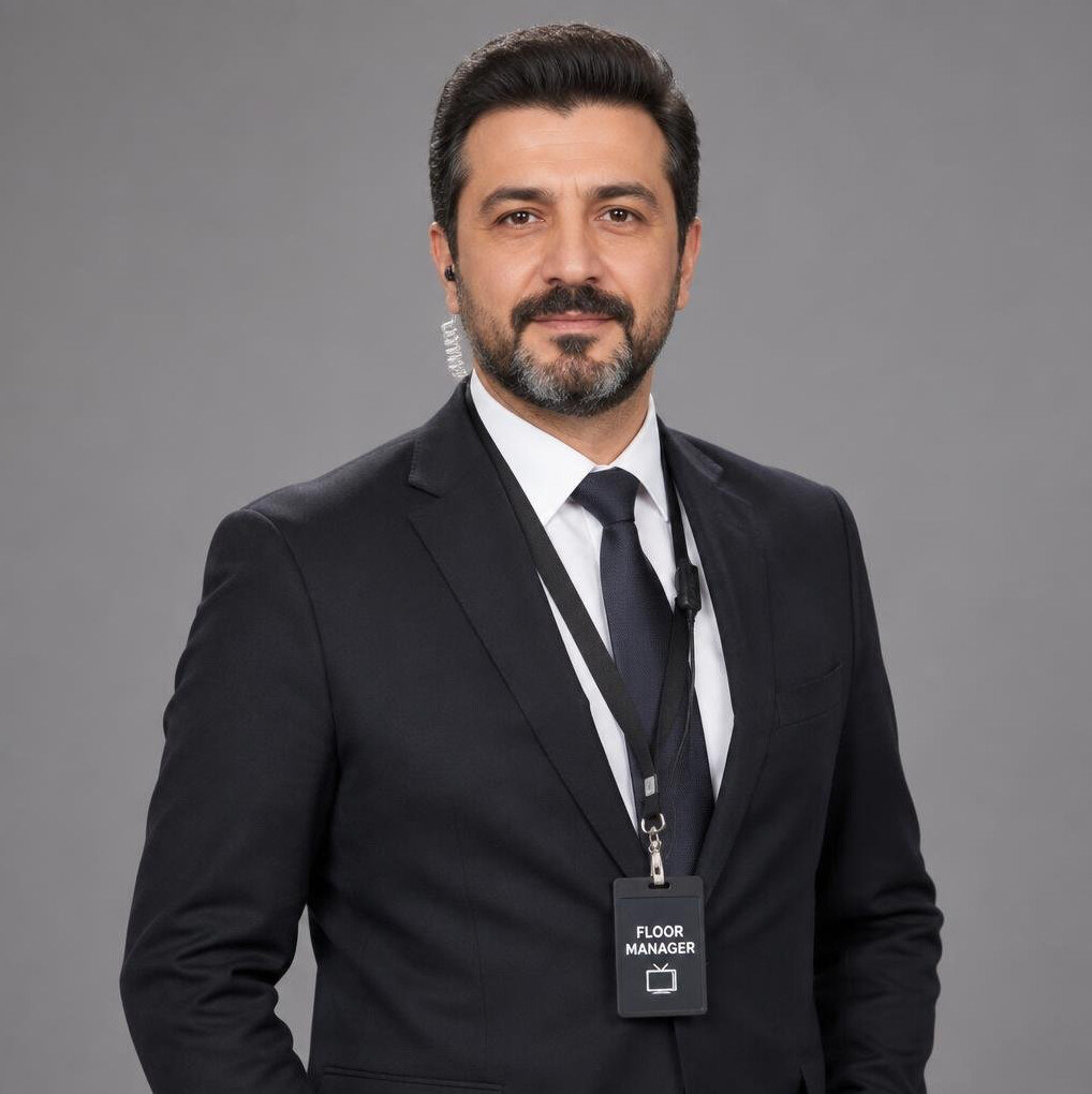 Studio floor manager in a suit looking calmly at the camera